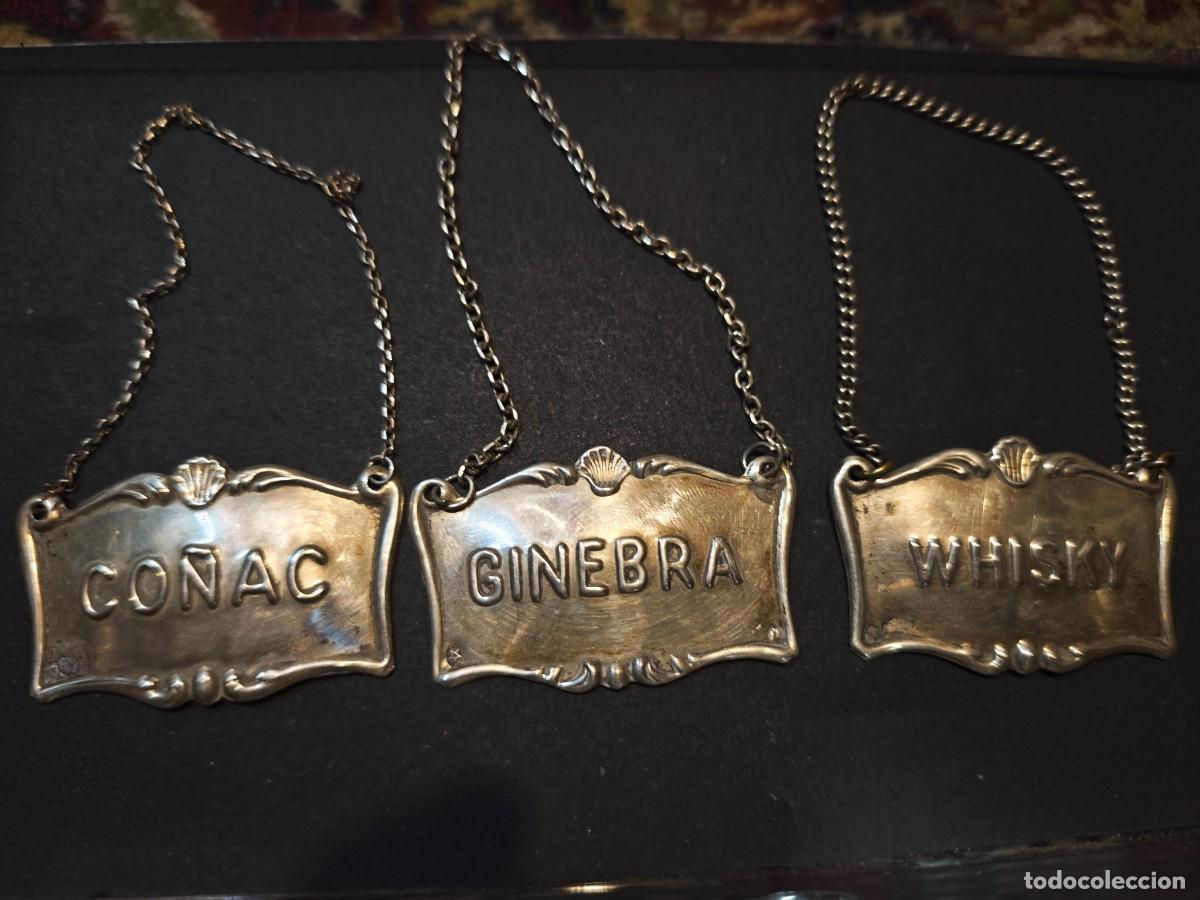 Botellas antiguas: Whisky ginebra co&ntilde;ac plata de ley tres etiquetas vintage para botellas