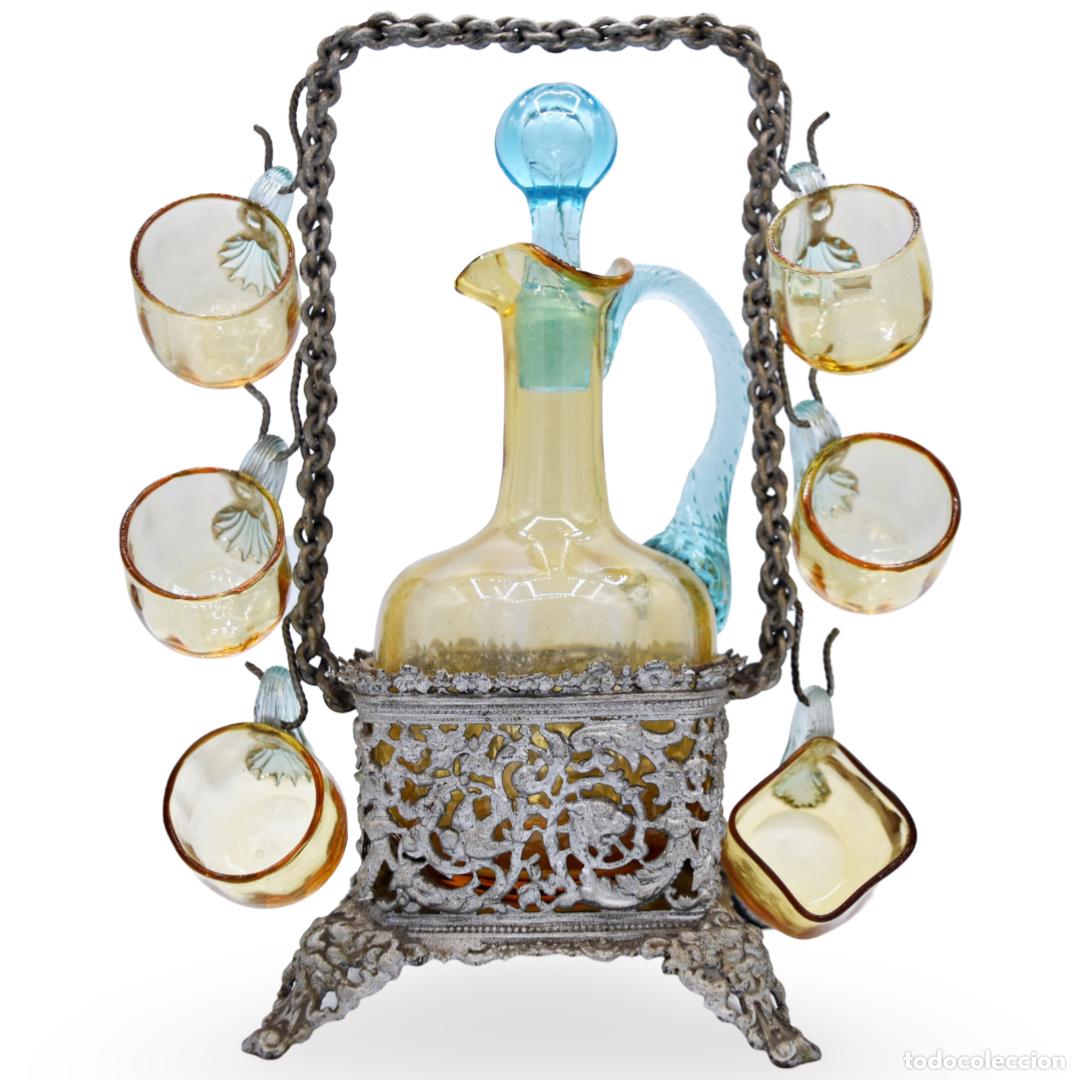 Alte Flaschen: Juego de licor de cristal soplado bicolor art nouveau - Circa 1900