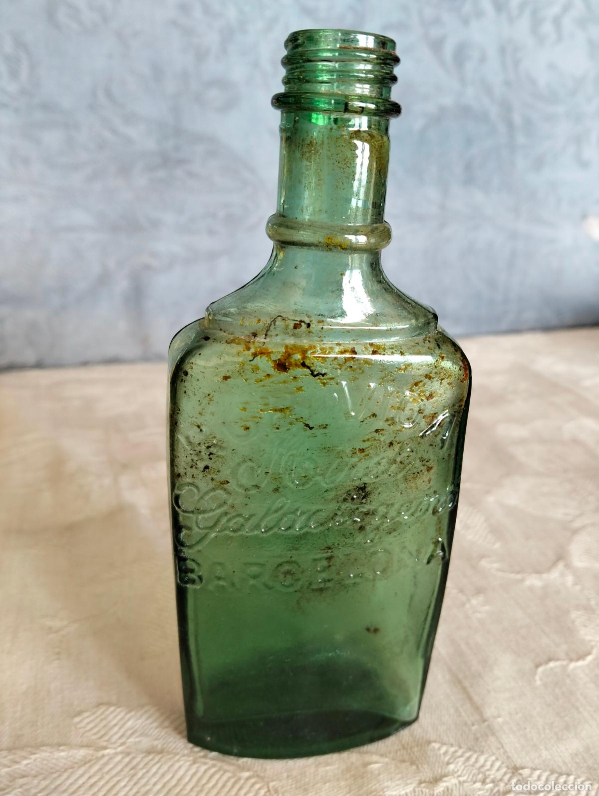 Garrafas antigas: Antigua botella de cristal verde transparente rob-vida Miret Galact&oacute;geno Barcelona a&ntilde;os 40 medicina