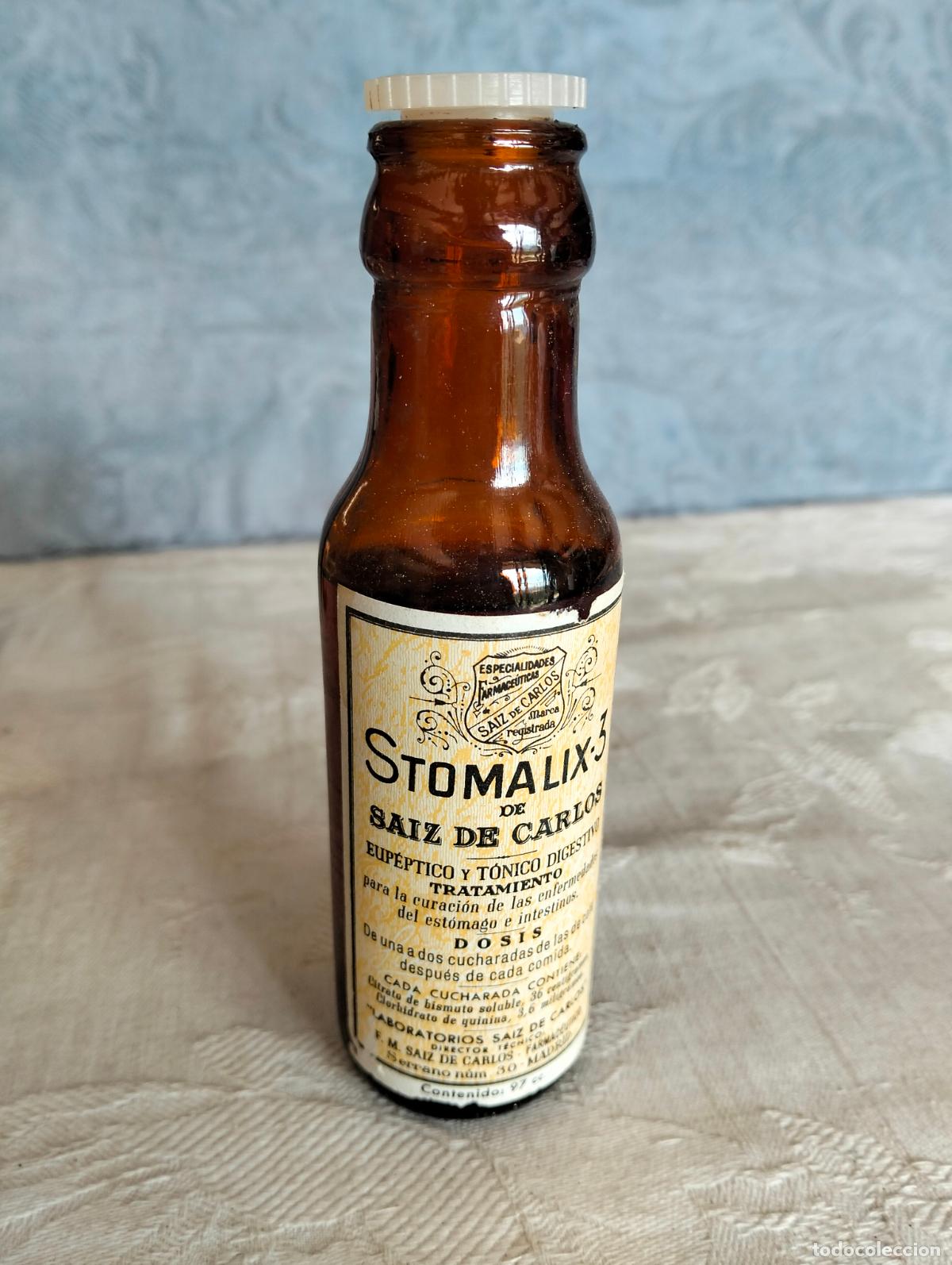 Botellas antiguas: Antigua botella de cristal marr&oacute;n frasco stomalix-3 de saiz de carlos eupeptico y tonico digestivo