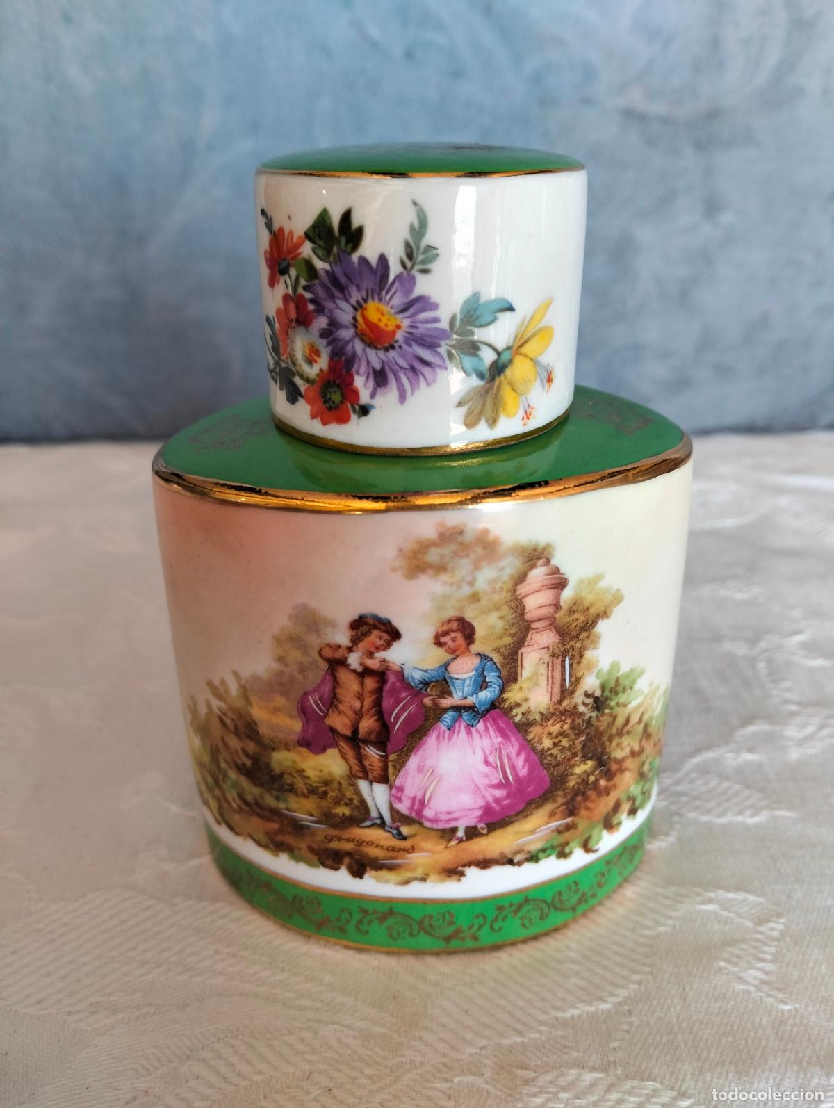 Botellas antiguas: Bote frasco botella de porcelana antigua perfumero con tap&oacute;n escena imagen costumbrista a&ntilde;os 60