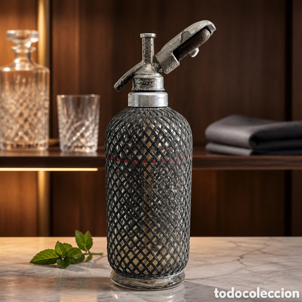 Botellas antiguas: SIF&Oacute;N INGL&Eacute;S DE CRISTAL CON MALLA MET&Aacute;LICA SPARKLETS LTD MAKERS LONDON A&Ntilde;OS 30