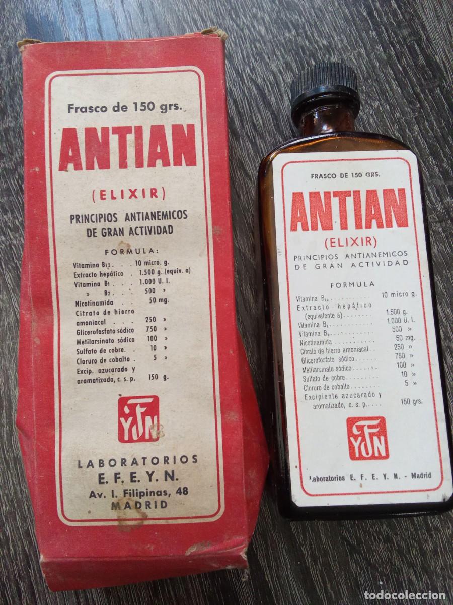 Botellas antiguas: Frasco de elixir Antian Laboratorios EFEYN Madrid. Con su caja. Principio antian&eacute;mico. Con sello
