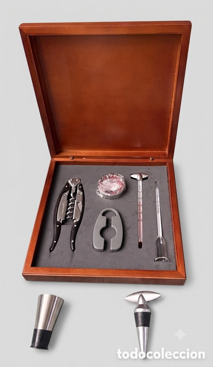Botellas antiguas: (L*026*) Set de sommelier / Kit de vino DKT en caja de madera (5 piezas + 2 de regalo)