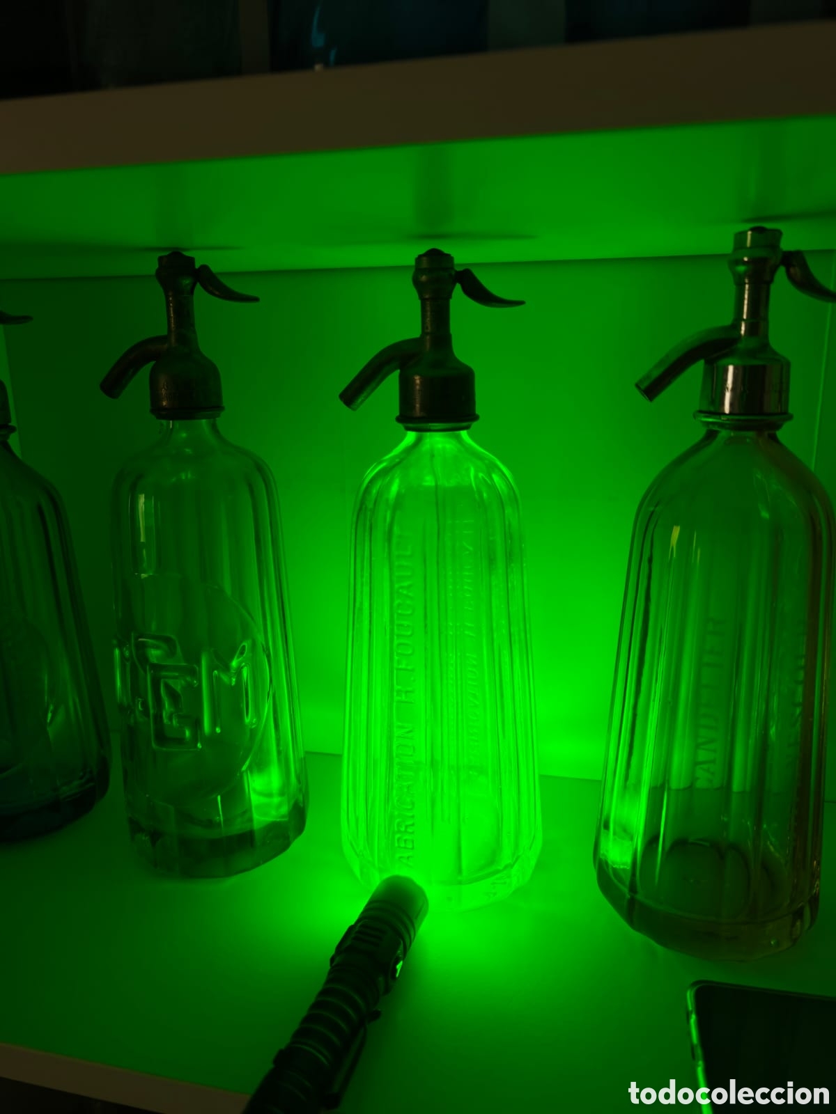 Botellas antiguas: Antiguo Sif&oacute;n Franc&eacute;s Piramidal Verde Lima Ouraline, Tap&oacute;n de Plomo 1936