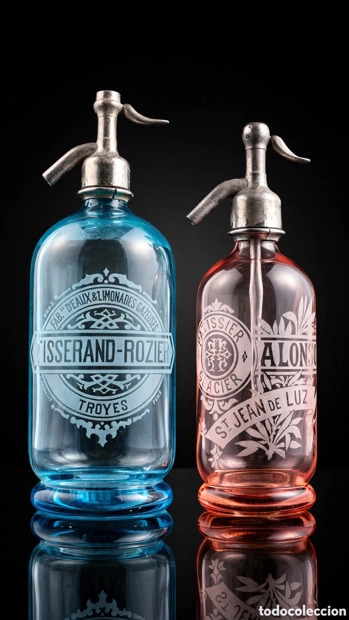 Alte Flaschen: Peque&ntilde;o Sif&oacute;n Franc&eacute;s SANT JEAN DE LUZ 1/2L. Raro. Rosa/Naranja Tap&oacute;n Plomo Original. Colecci&oacute;n.