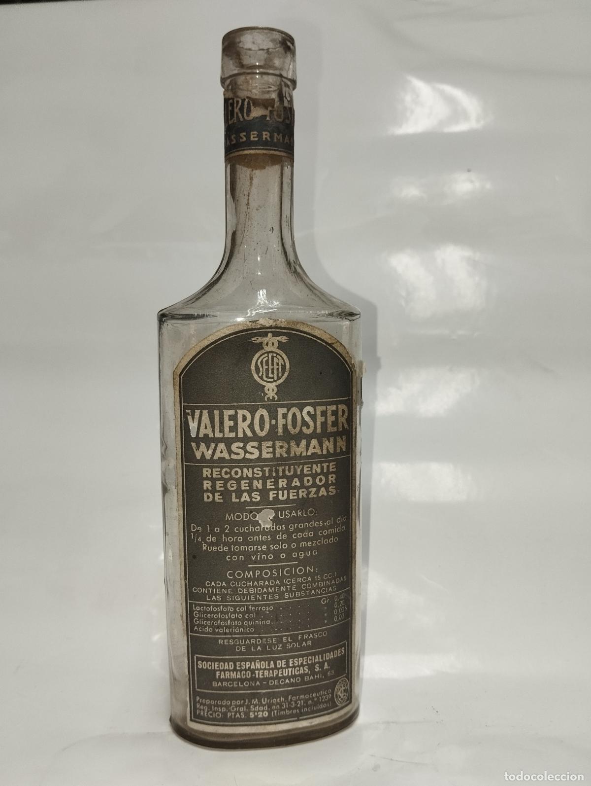 Botellas antiguas: BOTELLA ANTIGUA DE FARMACIA VALERO FOSFER WASSERMANn F URIACH