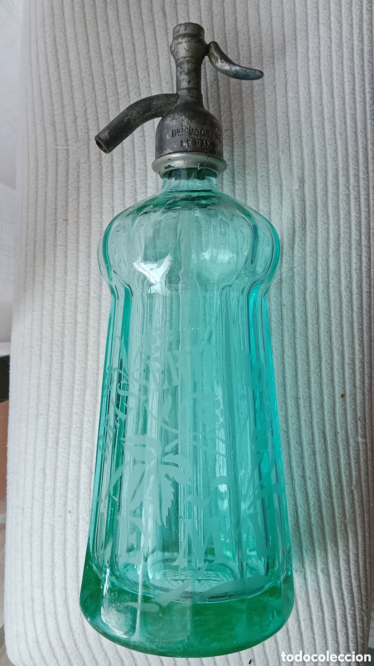 Botellas antiguas: Sif&oacute;n Franc&eacute;s de Le Mans 1920, Azul Turquesa, Modelo Marquesa, Muy Raro, de Colecci&oacute;n