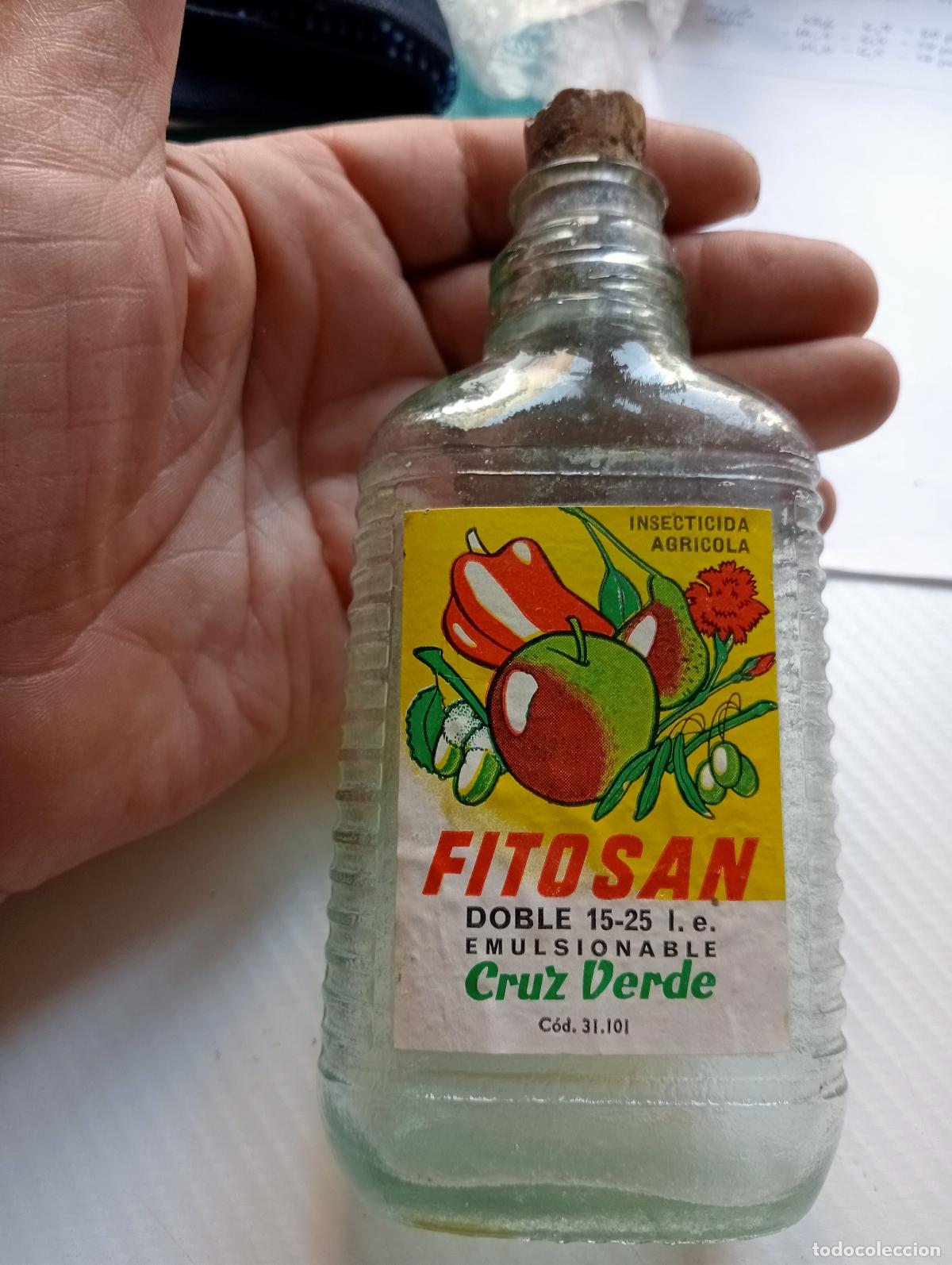 Botellas antiguas: ANTIGUA BOTELLA INSECTICIDA AGR&Iacute;COLA FITOSAN CRUZ VERDE LINDANO FRASCO MEDICAMENTO PLANTAS ARBOLES