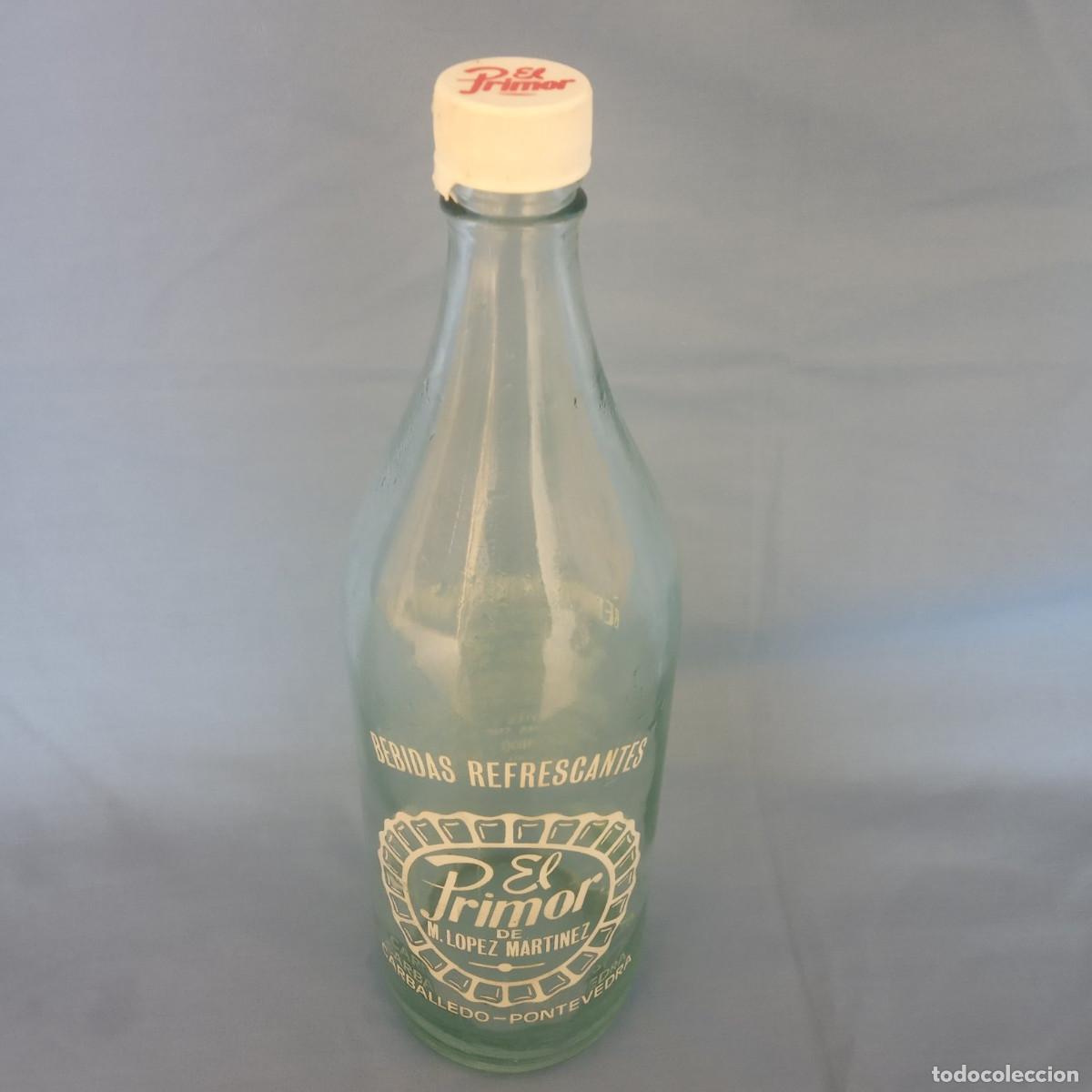 Botellas antiguas: Botella de gaseosa El Primor con tapon de rosca y serigraf&iacute;a en blanco Fabricante 5567.
