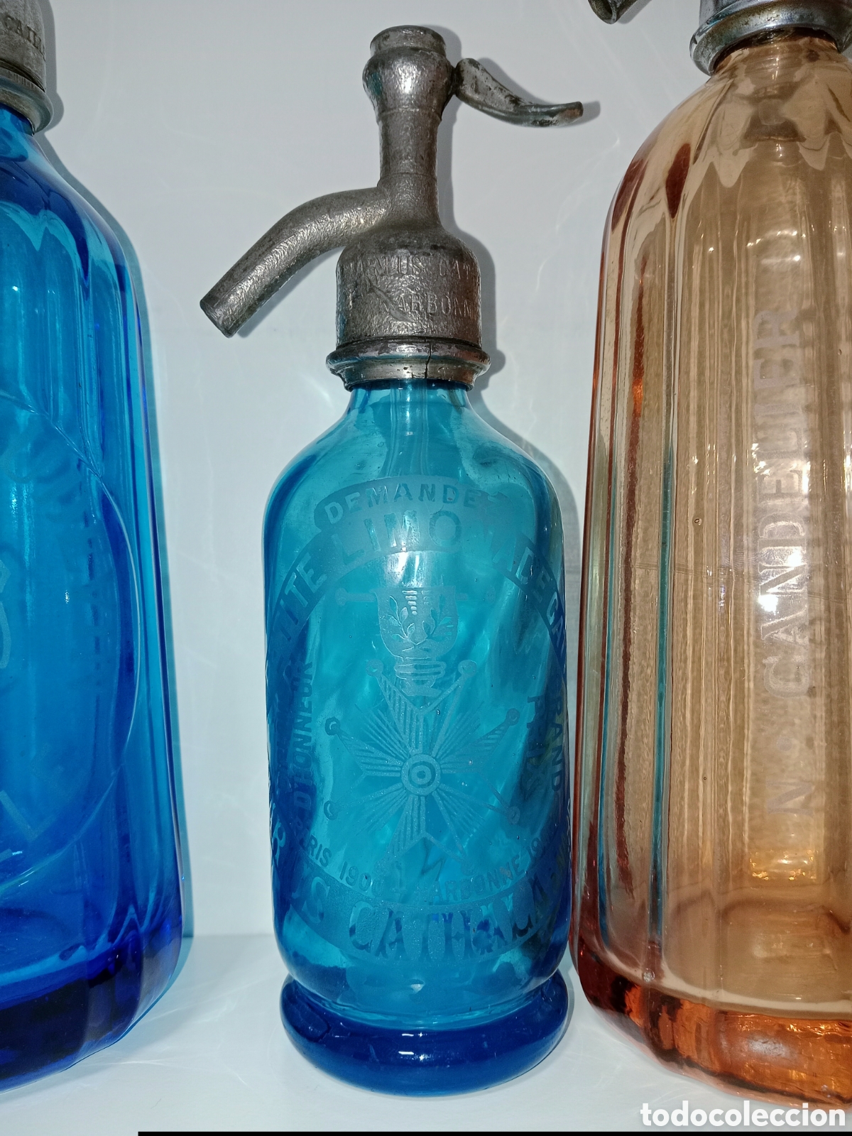 Botellas antiguas: Antiguo Sif&oacute;n Franc&eacute;s Peque&ntilde;o de 1/4 Litros (0,25) Azul Marino. Narbonne Grand Prix Medalla de Honor