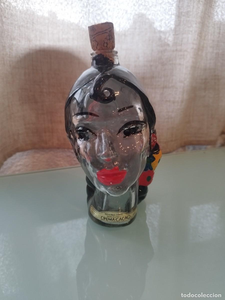 Botellas antiguas: Antigua Botella Cristal Crema Cacao Nogueras Comas Barcelona Cabeza Mujer Flamenca Gitana A&ntilde;os 60.