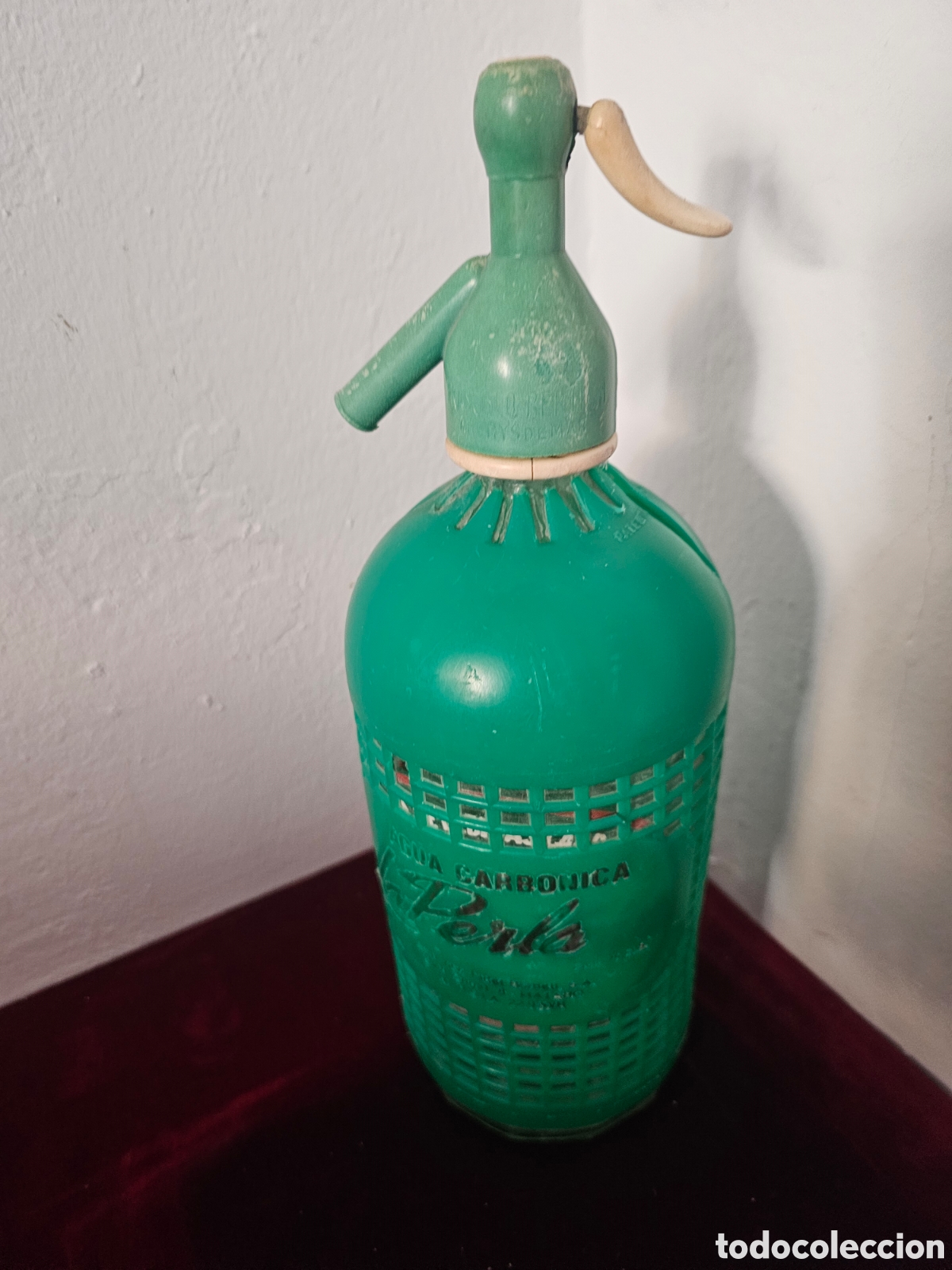 Botellas antiguas: Sif&oacute;n Vintage Agua Carb&oacute;nica La Perla - Fidel Romeu S.A. Matar&oacute; (Malla Verde)