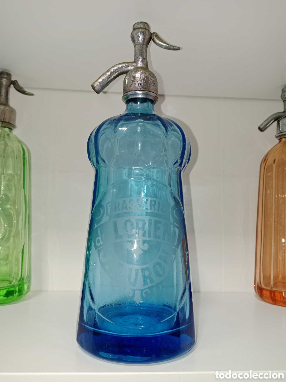 Botellas antiguas: Antiguo Sif&oacute;n Franc&eacute;s Azul Oscuro 1930. Modelo Marquesa. Raro con Tap&oacute;n de Plomo Original.