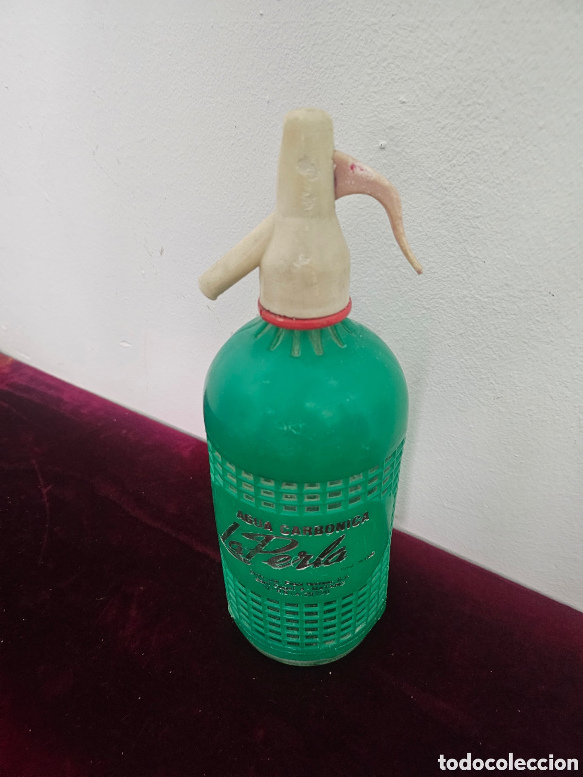 Botellas antiguas: Antiguo Sif&oacute;n de Agua Carb&oacute;nica &rdquo;La Perla&rdquo; - Matar&oacute; (Verde) 1950s 1970s