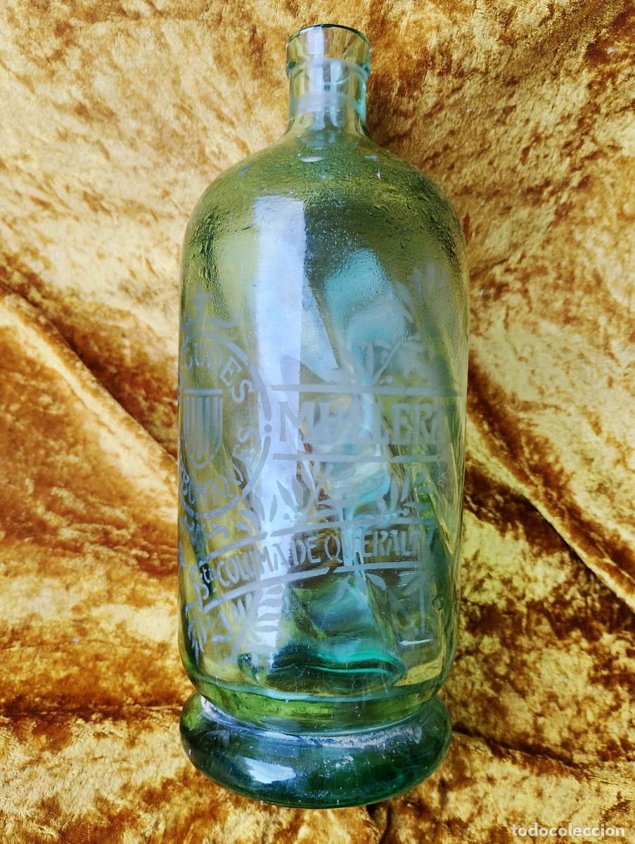 Botellas antiguas: Magn&iacute;fico sif&oacute;n MULLERAT, Santa Coloma de Queralt (bagudes carb&oacute;niques: escrito en catal&aacute;n) grabado