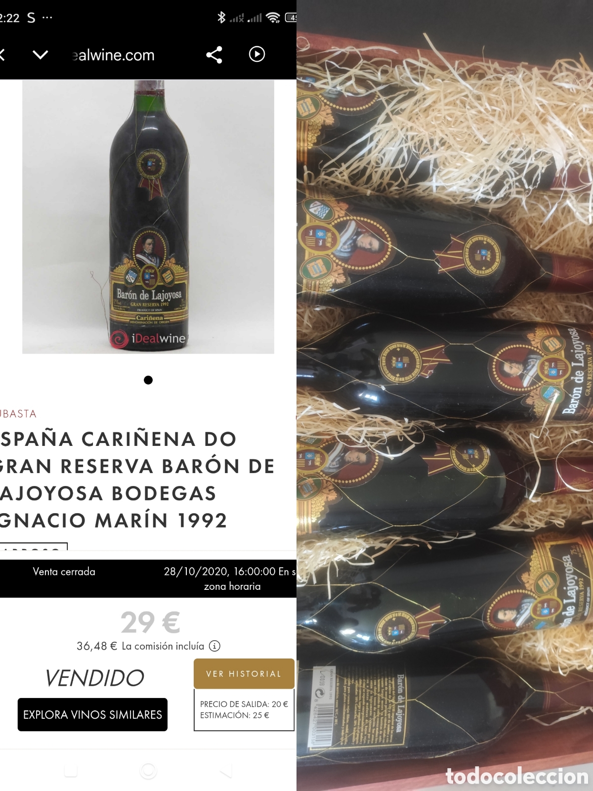 Botellas antiguas: Vino bar&oacute;n la Joyosa gran reserva del 92