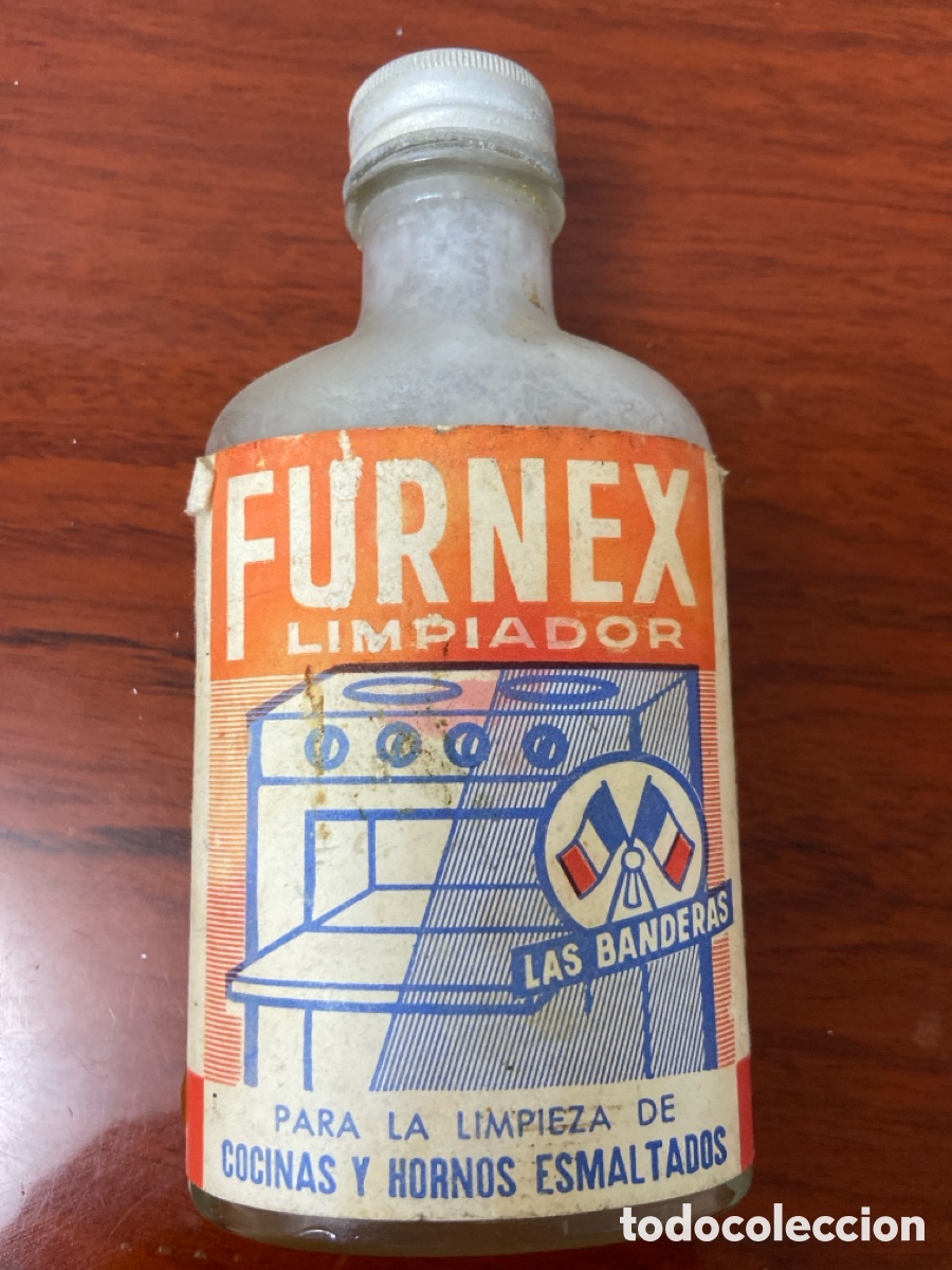 Botellas antiguas: frasco antiguo de limpiador Furnex de la marca &rdquo;Las Banderas&rdquo;