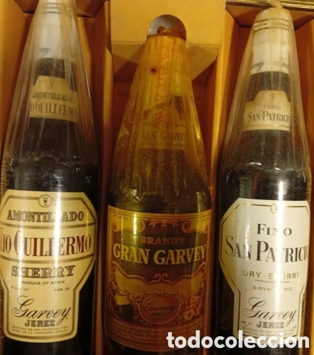 Botellas antiguas: lote de 3 botellas de gran Brandy Garvey t&iacute;o Guillermo y San Patricio