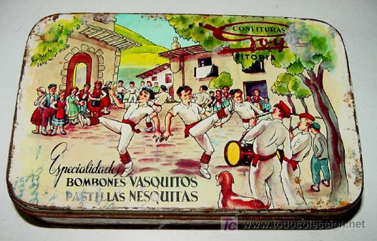 Caixas e caixinhas met&aacute;licas: ANTIGUA CAJA DE HOJALATA LITOGRAFIADA CON PUBLICIDAD DE BOMBONES BVASQUITOS Y PASTILLAS NESQUITAS -