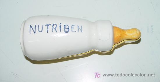 Casse e cassette metalliche: ANTIGUA CAJA DE CERAMICA CON FORMA DE BIBERON - CON PUBLICIDAD DE NUTRIBEN - FARMACIA - MIDE 15 CMS