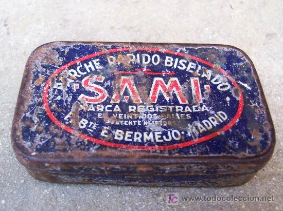 Cajas y cajitas met&aacute;licas: cajita sami de parches para reparar ruedas (vacia en mal estado) 4x7cm aprox