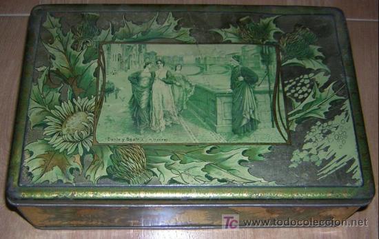 Blechdosen und Kisten: ANTIGUA CAJA METALICA LITOGRAFIADA. IMAGEN DE DANTE Y BEATRIZ. H. HOLIDAY.