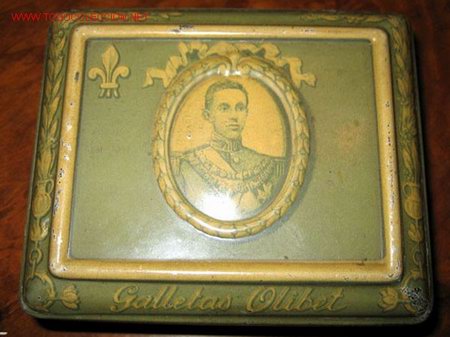 Caixas e caixinhas met&aacute;licas: ANTIGUA CAJA DE HOJALATA LITOGRAFIADA CONPUBLICIDAD DE GALLETAS OLIBET - TIENE LA IMAGEN DE ALFONSO