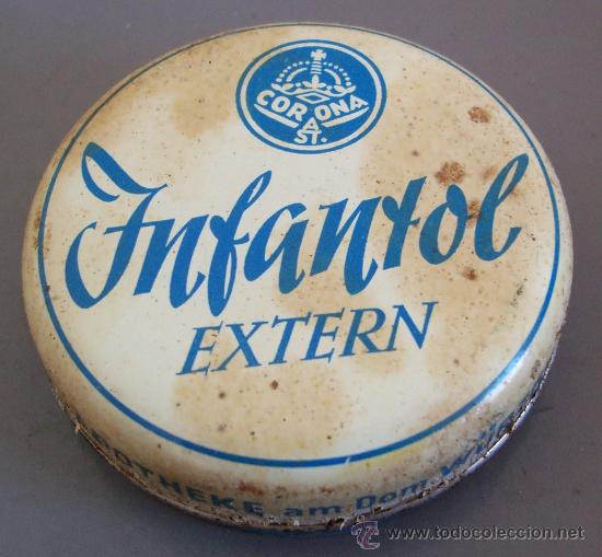 Cajas y cajitas met&aacute;licas: cajita metalica alemana de farmacia: infantol extern, corona, w&uuml;rzburg (5,3cm aprox)