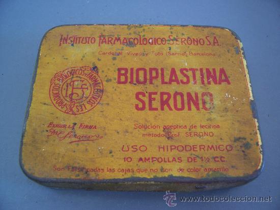 Blechdosen und Kisten: caja metalica de farmacia bioplastina serono (mal estado, 7,5x9,5cm aprox)