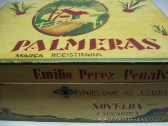 Cajas y cajitas met&aacute;licas: PRECIOSA CAJA DE AZAFRAN LAS PALMERAS, NOVELDA, ALICANTE, A&Ntilde;OS 1920-30. MADERA SERIGRAFIADA.