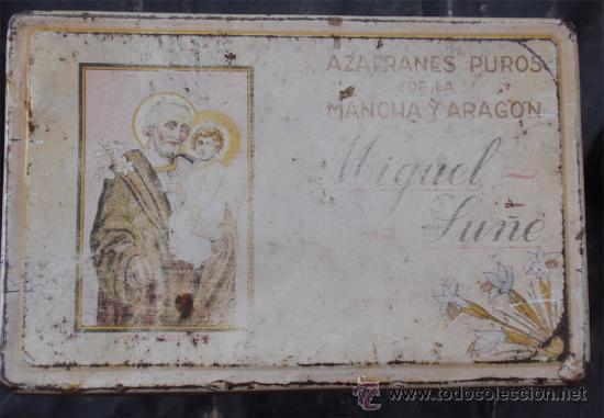 Cajas y cajitas met&aacute;licas: Caja de Azafran. Caja de Azafranes Puros de la Mancha y Aragon. Miguel Lu&ntilde;e. Zaragoza