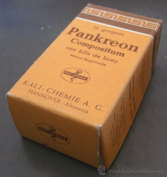 Bo&icirc;tes et petites bo&icirc;tes m&eacute;talliques: caja de farmacia/ medicamento de a&ntilde;os 50/60 aprox: pankreon 15 grageas  (sin abrir)