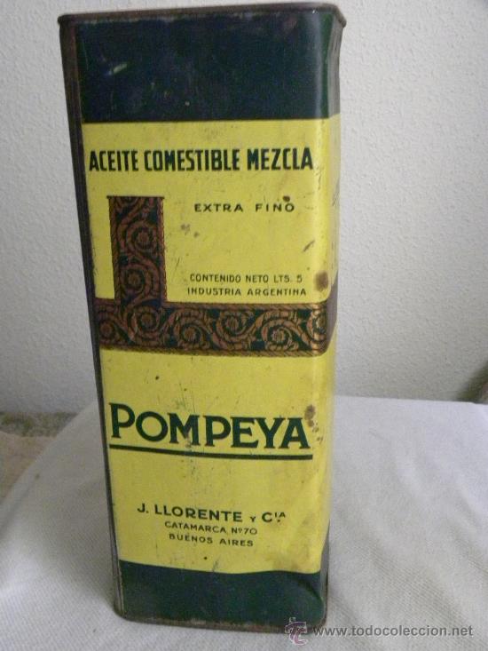 Cajas y cajitas met&aacute;licas: Lata bidon aceite comestible Pompeya;J.Llorente Buenos Aires ( Argentina) c. 1940