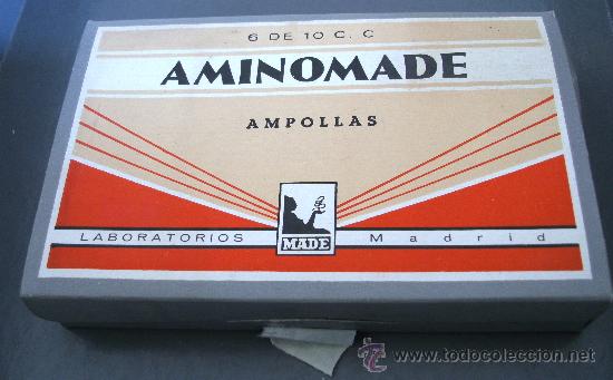 Cajas y cajitas met&aacute;licas: caja de farmacia/ medicamento de a&ntilde;os 50/60 aprox: aminomade (queda una ampolla)