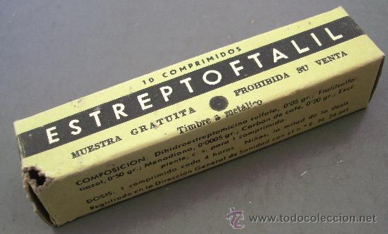Cajas y cajitas met&aacute;licas: caja de farmacia/ medicamento de a&ntilde;os 50/60 aprox: estreptoftalil (quedan algunas comprimidos)