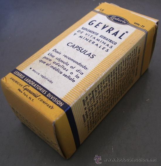 Blechdosen und Kisten: caja de farmacia/ medicamento de a&ntilde;os 50/60 aprox: gevral  (botella vacia, caja de carton escrita)