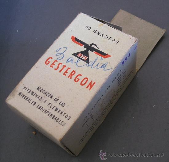 Cajas y cajitas met&aacute;licas: caja de farmacia/ medicamento de a&ntilde;os 50/60 aprox:  gestergon  (caja incompleta, botella llena)