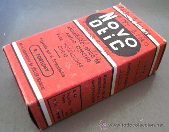 Cajas y cajitas met&aacute;licas: caja de farmacia/ medicamento de a&ntilde;os 50/60 aprox: novo otic (caja escrita, botella vacia)