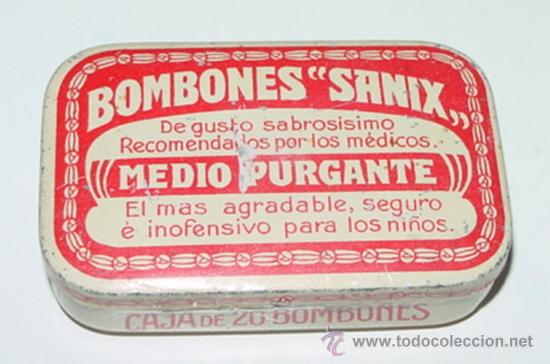 Blechdosen und Kisten: ANTIGUA CAJA DE HOJALATA LITOGRAFIADA CON PUBLICIDAD DE BOMBONES SANIX ( MEDIO PURGANTE ) - FARMACIA