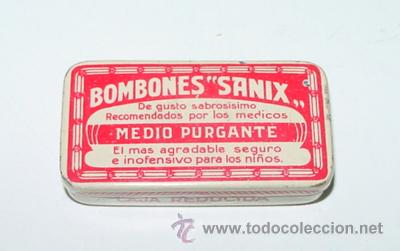 Caixas e caixinhas met&aacute;licas: ANTIGUA CAJA DE HOJALATA LITOGRAFIADA CON PUBLICIDAD DE BOMBONES SANIX ( MEDIO PURGANTE ) - FARMACI