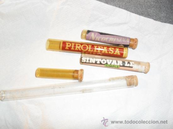 Cajas y cajitas met&aacute;licas: Lote 5 tubitos de cristal antiguos medicamentos farmacia.Pirolifasa.Sintovar.Lefa.Nicocrisina.
