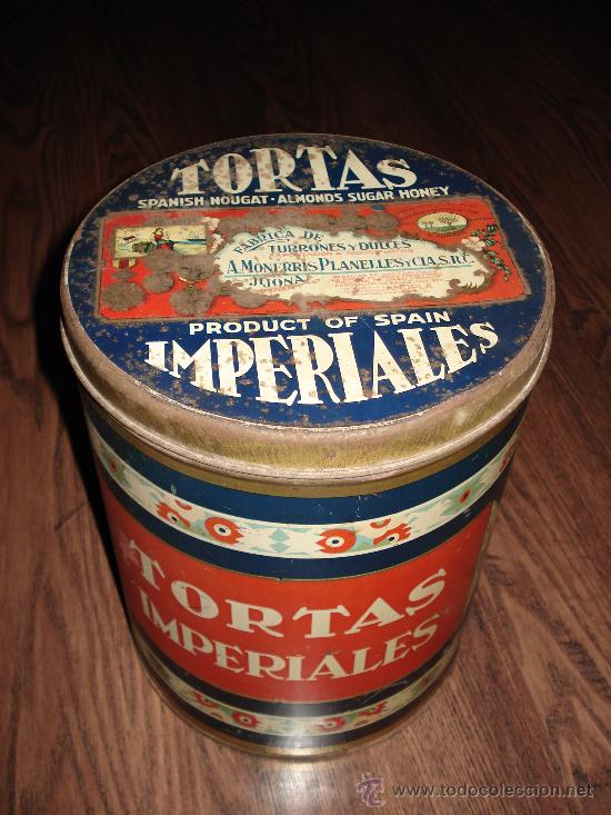 Bo&icirc;tes et petites bo&icirc;tes m&eacute;talliques: LATA TORTAS IMPERIALES F&Aacute;BRICA DE TURRONES Y DULCES A. MONERRIS-4,165 KG. 25 CM ALTURA