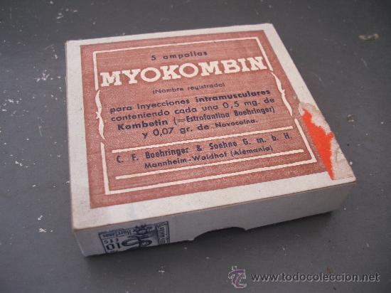 Blechdosen und Kisten: caja de farmacia / medicamento de los a&ntilde;os 50/60 aprox: myokombin, 5 ampollas (queda 1)