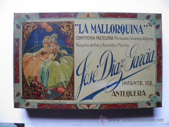 Cajas y cajitas met&aacute;licas: Caja met&aacute;lica de lata. La Mallorquina, Jos&eacute; Diaz Garc&iacute;a. Antequera. G. de Andreis M.E. Badalona.