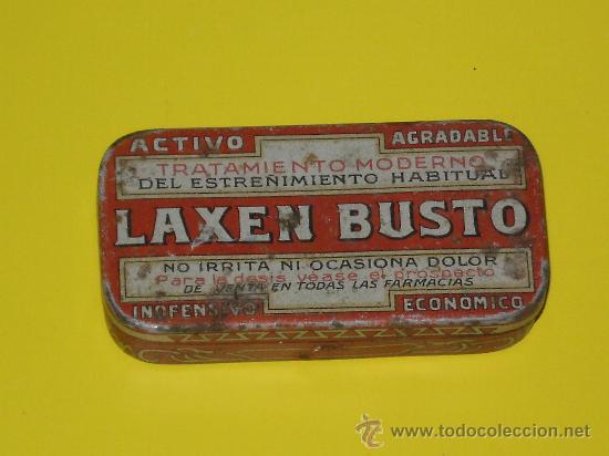 Bo&icirc;tes et petites bo&icirc;tes m&eacute;talliques: Antigua cajita de hojalata metalica medicina laxen busto , valor 2.5 pesetas . Dr. Busto ( Madrid )