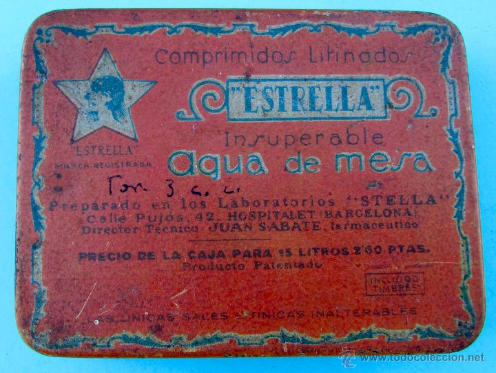 Cajas y cajitas met&aacute;licas: ESTRELLA. STELLA. COMPRIMIDOS LITINADOS. INSUPERABLE AGUA DE MESA. CAJA MET&Aacute;LICA. S/F