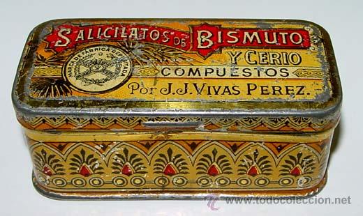 Caixas e caixinhas met&aacute;licas: ANTIGUA CAJA DE HOJALATA LITOGRAFIADA DE FARMACIA - SALICILATOS DE BISMUTO - MIDE 8,5 X 4 X 3,5 CMS.