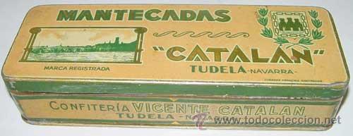 Casse e cassette metalliche: ANTIGUA CAJA DE HOJALATA LITOGRAFIADA - CONFITERIAS MANTECADOS CATALAN - TUDELA (NAVARRA) - MIDE 21