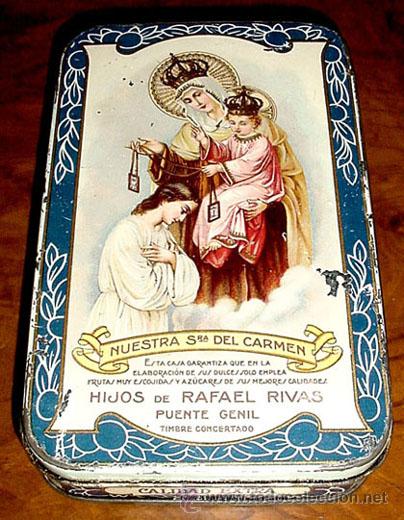 Caixas e caixinhas met&aacute;licas: ANTIGUA CAJA DE HOJALATA LITOGRAFIADA CON PUBLICIDAD DE HIJOS DE RAFAEL RIVAS - NTRA.SRA. DEL CARMEN